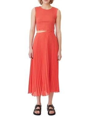 MAJE Riplit Two-Piece Knit & Pleated Midi Dress Adjustable Coral Red Size 36 / S